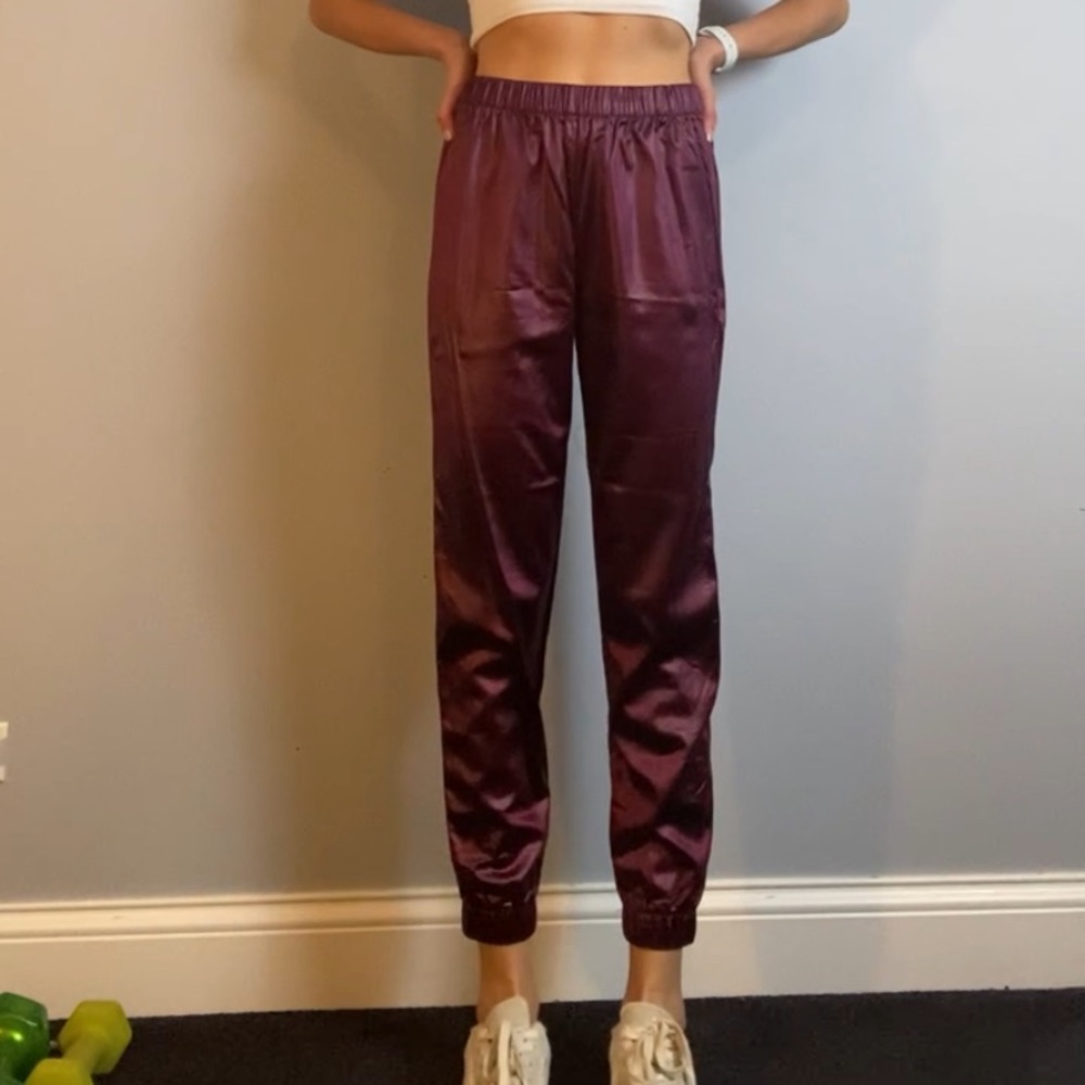 maroon shiny faux leather joggers